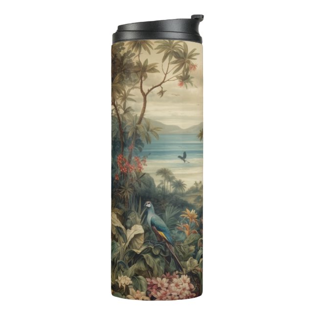 Vintage botanische Vogelarten Blume im Paradies Thermosbecher (Nach links gedreht)