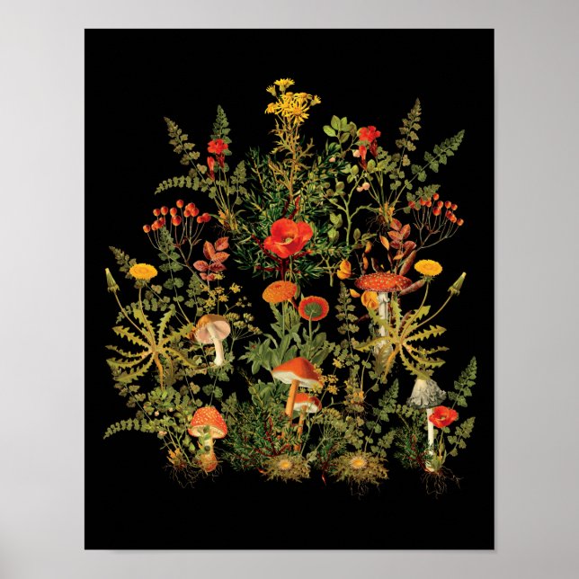 Vintage botanische Wildblumen Pilze fallen Poster (Vorne)