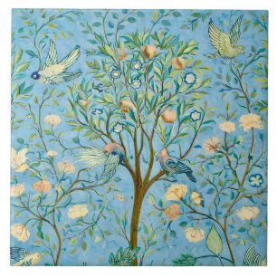 Vintage-Botanischer Baum des Lebens mit Vögeln Fliese