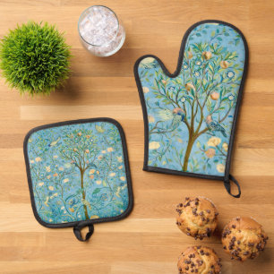 Vintage-Botanischer Baum des Lebens mit Vögeln Ofenhandschuh & Topflappen-Set