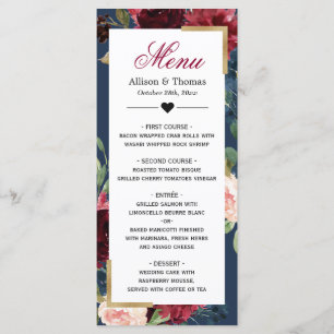 Vintage Bourgogne Blue Floral Mariage Menu