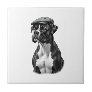 Vintage-Boxerhund in Kappe Monochrom Grafikillustr Fliese