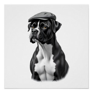 Vintage-Boxerhund in Kappe Monochrom Grafikillustr Poster