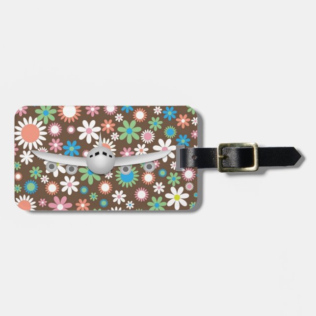 Vintage braune Blütendecke mit Flugzeug Gepäckanhänger (Vorderseite horizontal)