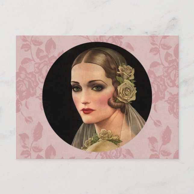 Vintage Braut mit Rose Postkarte (Vorderseite)
