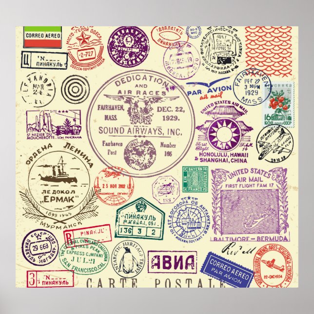 Vintage Briefmarke, dekoratives Set. Poster (Vorne)