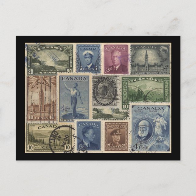 Vintage Briefmarken-Collage Postkarte (Vorderseite)