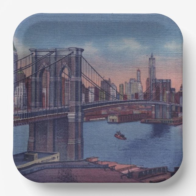 Vintage Brooklyn Bridge Malerei Pappteller (Vorderseite)