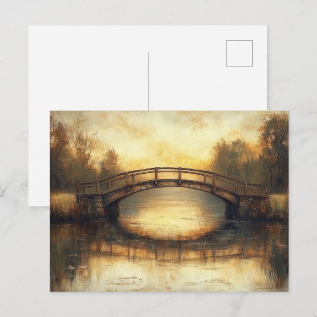 Vintage Brücke über den Fluss Malerei Landschaft Postkarte (Vorne/Hinten)