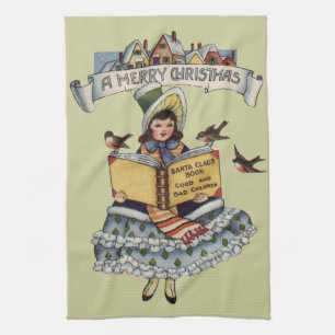 Vintage Buch Kleines Mädchen und Weihnachtsmann Sa Geschirrtuch