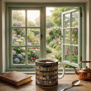 Vintage Bücher auf Bibliotheksregal Kaffeetasse