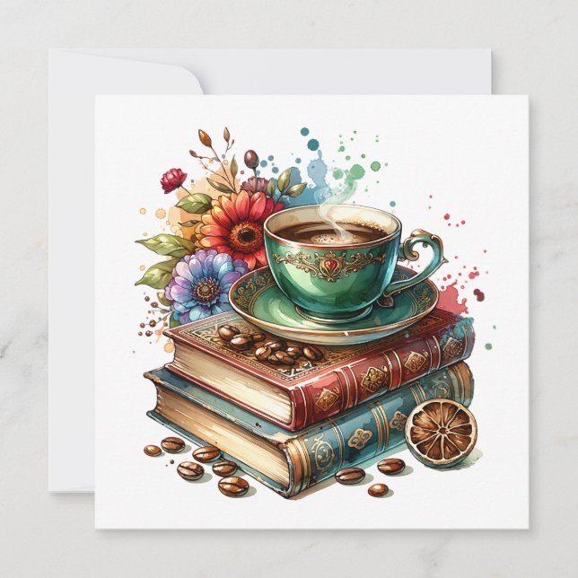 Vintage Bücher, Blume und Kaffee Karte (Vorderseite)