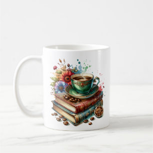 Vintage-Bücher, Blumen und Kaffee oder Tee Kaffeetasse