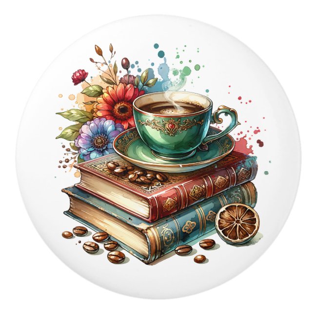 Vintage-Bücher, Blumen und Kaffee oder Tee Keramikknauf (Vorderseite)