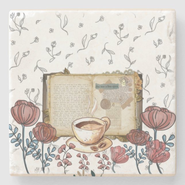 Vintage Bücher, Kaffee, Blume, Rose, Klassik. Steinuntersetzer (Vorderseite)