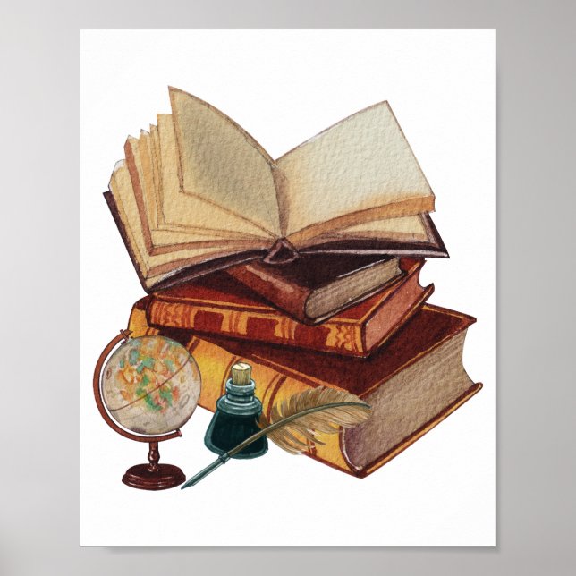 Vintage Bücher, Quill, Tinte und Globe Collage Poster (Vorne)