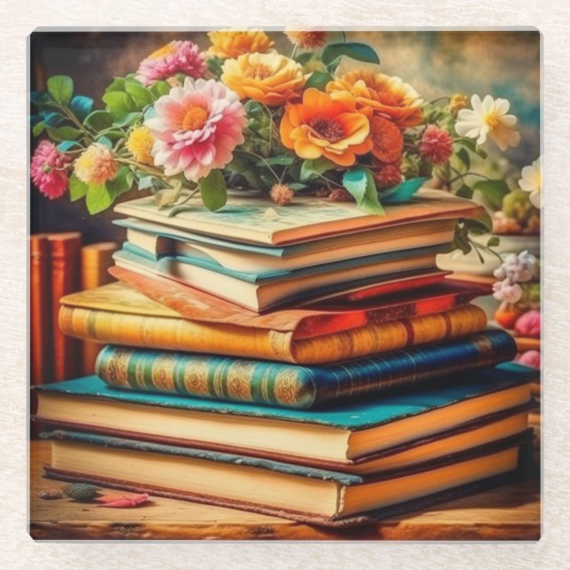 Vintage Bücher und Blume aus der Antike Glasuntersetzer (Vorderseite)