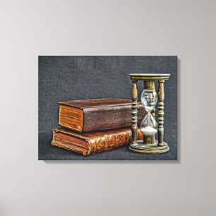 Vintage Bücher und Stundenglas Leinwanddruck