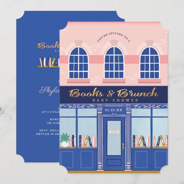 Vintage Bücherbücher & Brunch Babydusche Einladung (Vorne/Hinten)