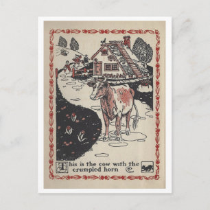 Vintage Buchillustration Kuh mit zerknittertem Hor Postkarte