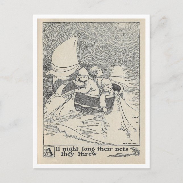 Vintage BuchIllustration Wynken Blynken Nod Postkarte (Vorderseite)