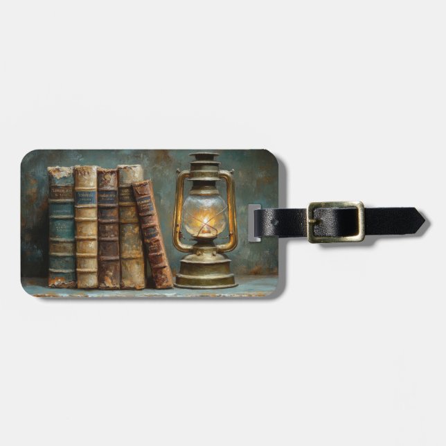 Vintage Buchstapelmalerei Antike Bibliothekswand Gepäckanhänger (Vorderseite horizontal)