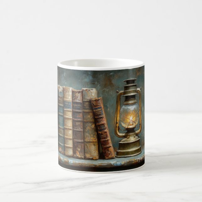 Vintage Buchstapelmalerei Antike Bibliothekswand Kaffeetasse (Mittel)