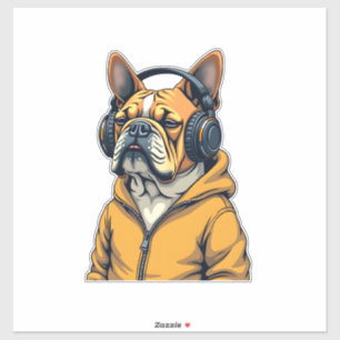 Vintage Bulldogge mit Kopfhörern trägt Hoodie Musi Aufkleber