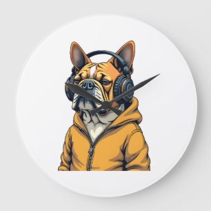 Vintage Bulldogge mit Kopfhörern trägt Hoodie Musi Große Wanduhr