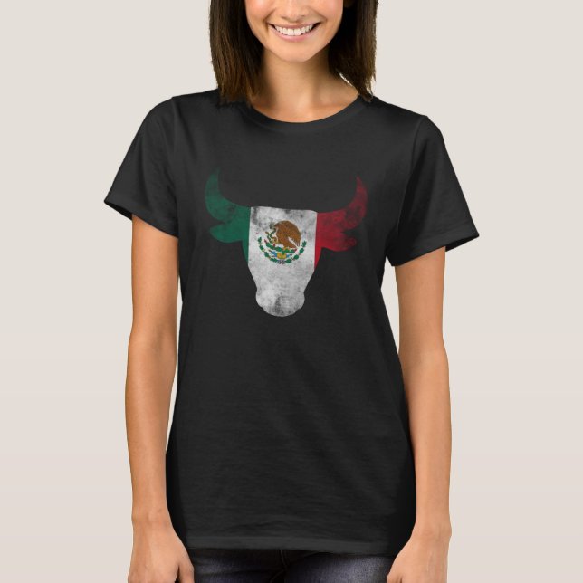 Vintage Bullhornbullen Kopf Mexikanische Flagge T-Shirt (Vorderseite)