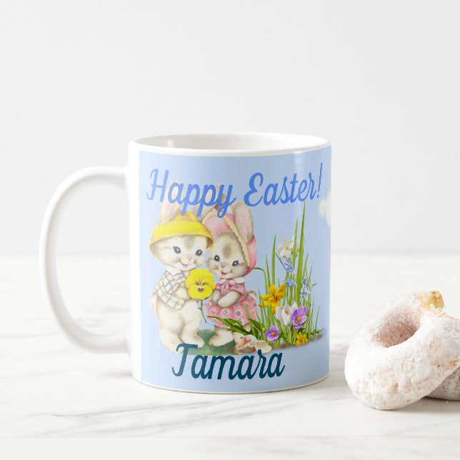 Vintage Bunnies & Blume Frohe Ostern Kaffeetasse (Mit Donut)