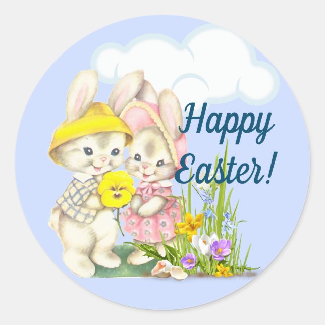Vintage Bunnies & Blume Frohe Ostern Runder Aufkleber (Vorderseite)