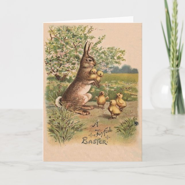 Vintage Bunny & Chicks Osterkarte Feiertagskarte (Vorderseite)