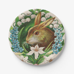 Vintage Bunny Floral Wreath Osterfeier Pappteller