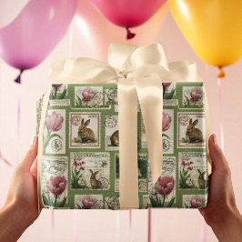 Vintage Bunny & Tulip Stamps Easter Wrapping Paper Geschenkpapier