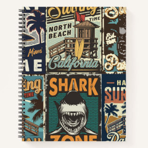 Vintage bunte Surfplakate Set mit Surfbus Notizbuch