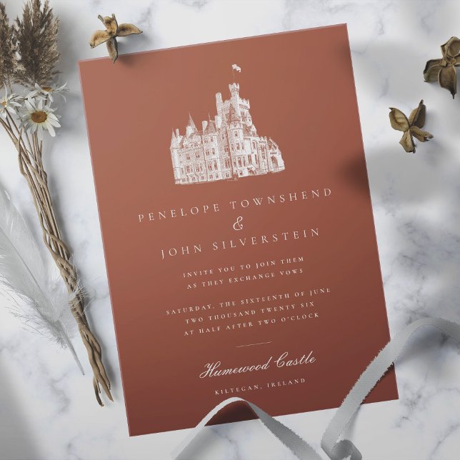 Vintage Burg Einladung (Burnt orange wedding invitation with an illustration of a castle)