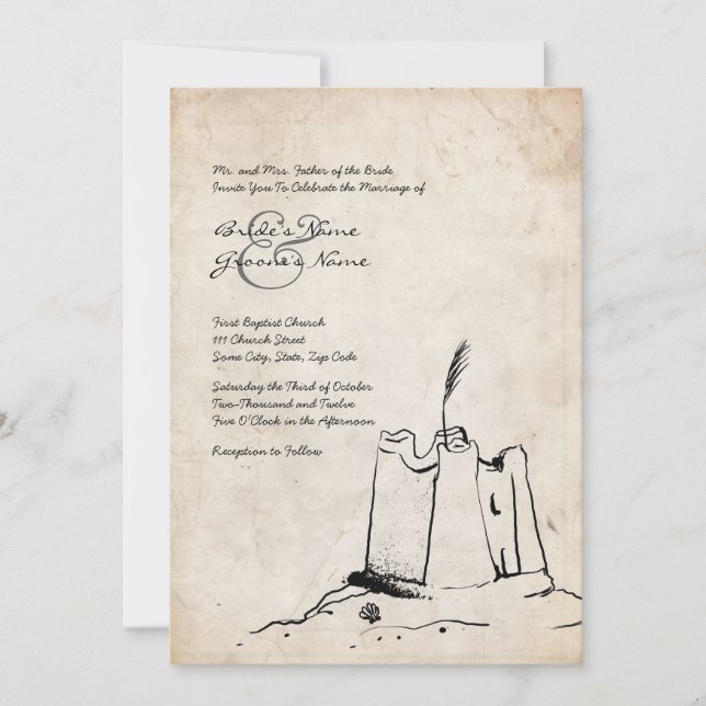 Vintage Burg Sand Hochzeit Einladung (Vorderseite)