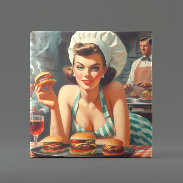 Vintage Burger BBQ Frau Fliese (Von Creator hochgeladen)