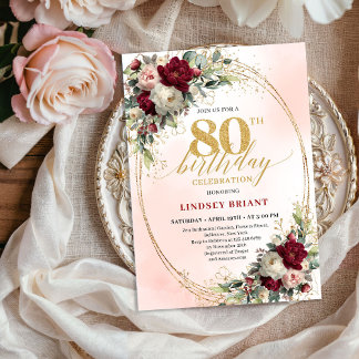 Vintage Burgundy Bohemian Floral 80th Birthday Einladung