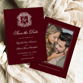 Vintage Burgundy Crest Monogram Wedding Photo  Save The Date
