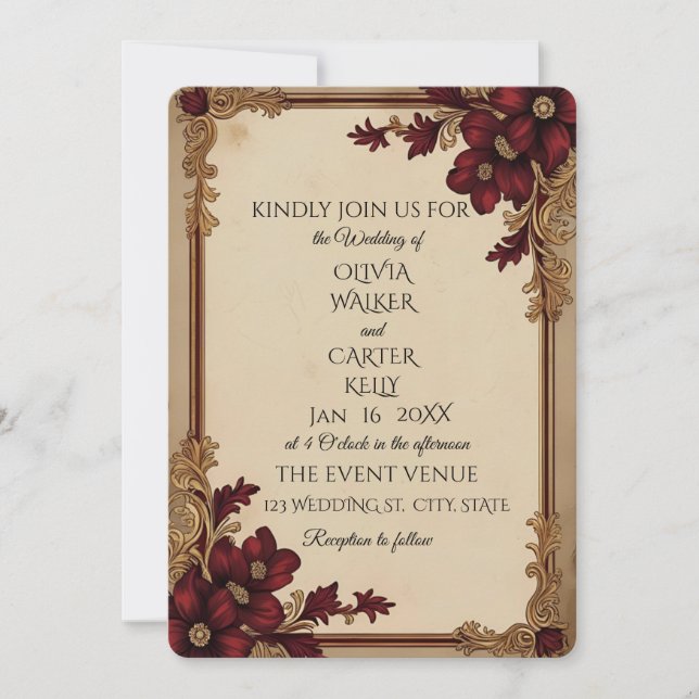 Vintage Burgundy Floral Wedding Einladung (Vorderseite)
