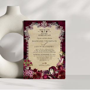 Vintage Burgundy Gold Alice im Wunderland Hochzeit Einladung