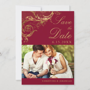 Vintage Burgundy Gold Floral Damask Foto Hochzeit Save The Date