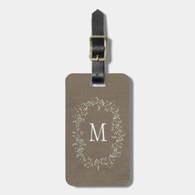 Vintage Burlap Floral Monogram Gepäckanhänger (Vorderseite vertikal)
