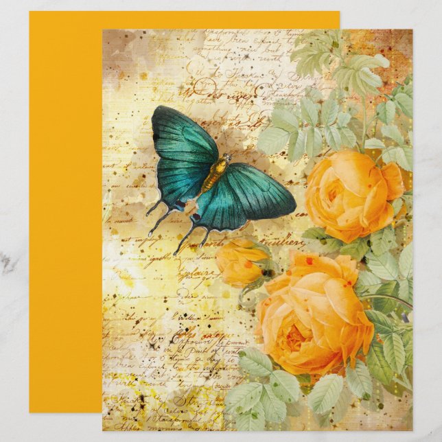 Vintage Butterfly Orange Blume Scrapbook Paper (Vorne/Hinten)
