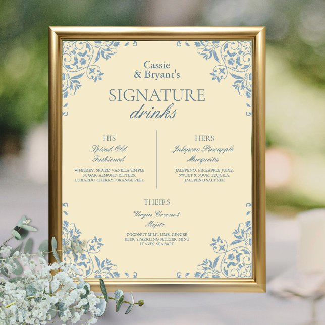 Vintage Buttergelbe Hochzeitssignaturgetränke Poster (vintage butter yellow and blue wedding bar menu with signature drinks for the bride groom and them)