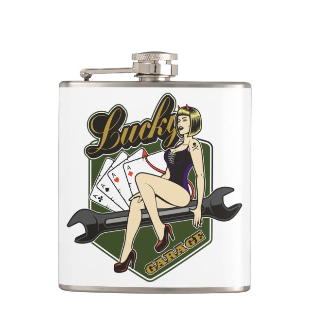 Vintage Button-Up-Girl-Flasche Flachmann (Vorderseite)