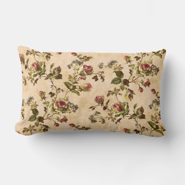 Vintage Cabbage-Rose mit blauen Blumen Lendenkissen (Vorderseite)