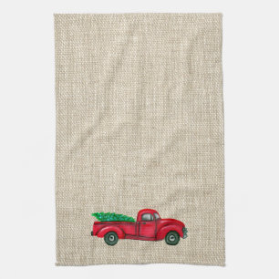 Vintage Camion Rouge Arbre de Noël Serviette de cu